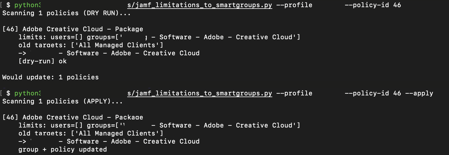 Terminal output of the script's dry run and apply on one policy.