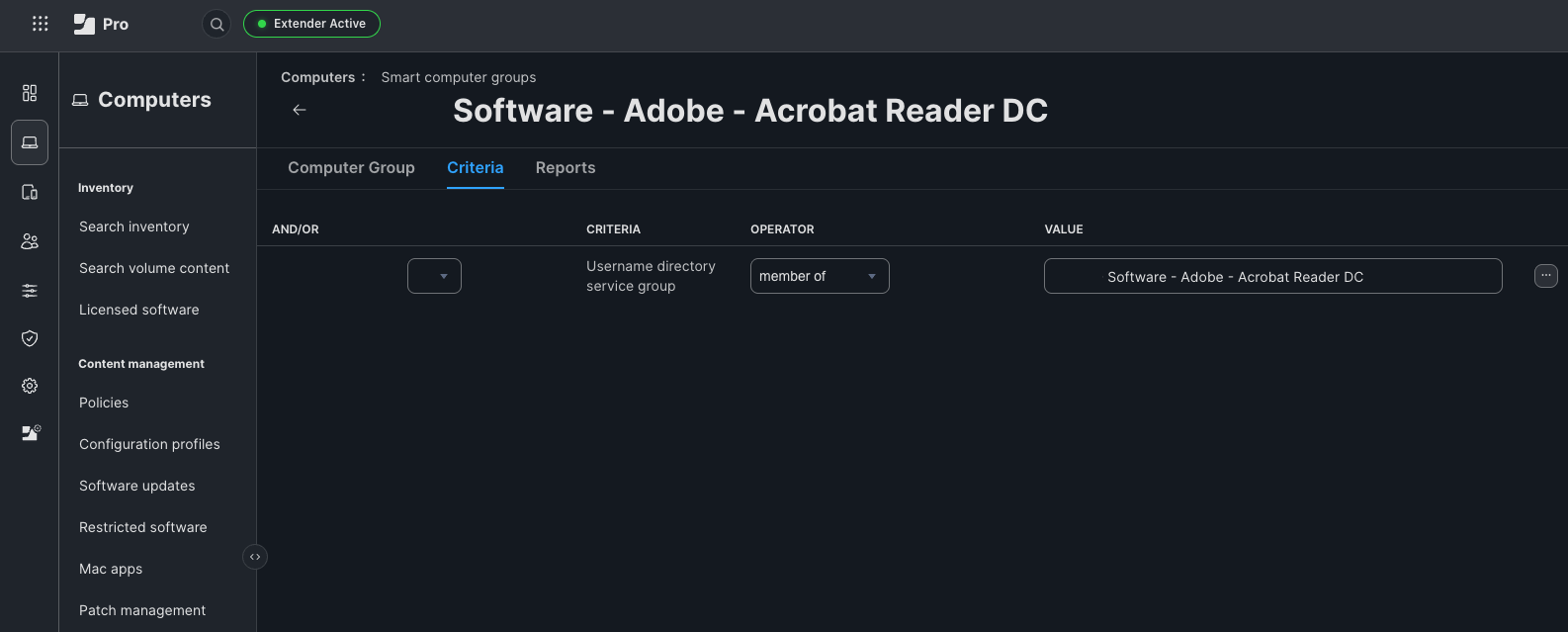 A Jamf Pro smart group using Username directory service group, member of, and a directory group name.